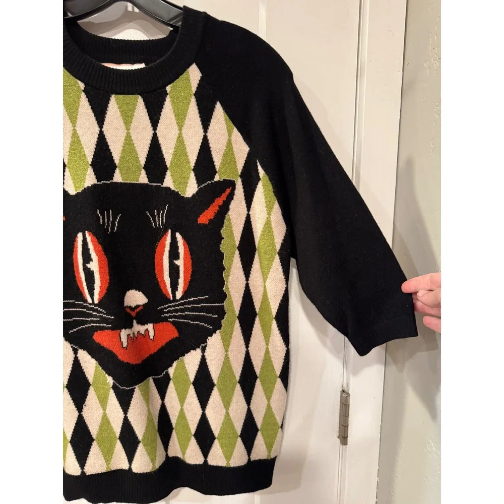 The Oblong Box Shop Black Cat Argyle Sweater XL Green Black Retro Rockabilly